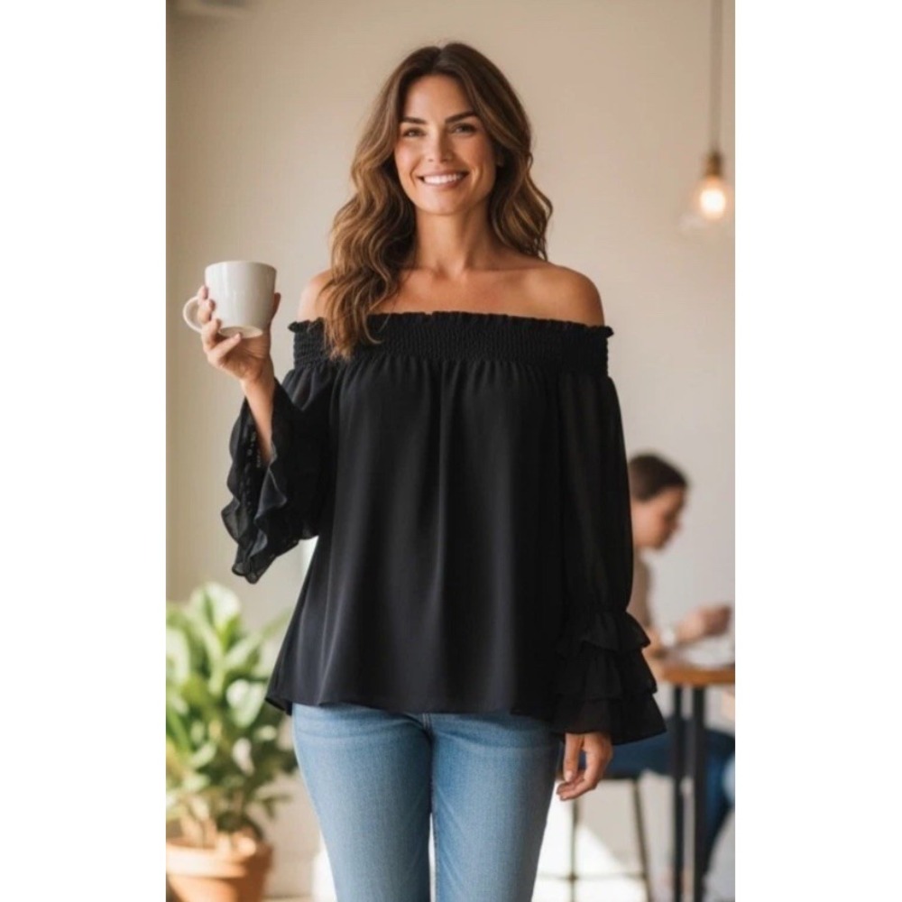 CeCe Women's Smocked Off Shoulder Ruffle Top 3/4 Sleeve Black Size M